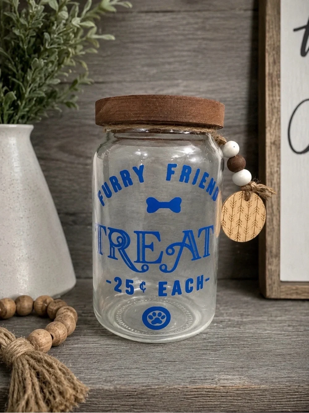 Farmhouse Glass Dog Treat Jar with Wooden Lid | Blue Lettering | Brand New